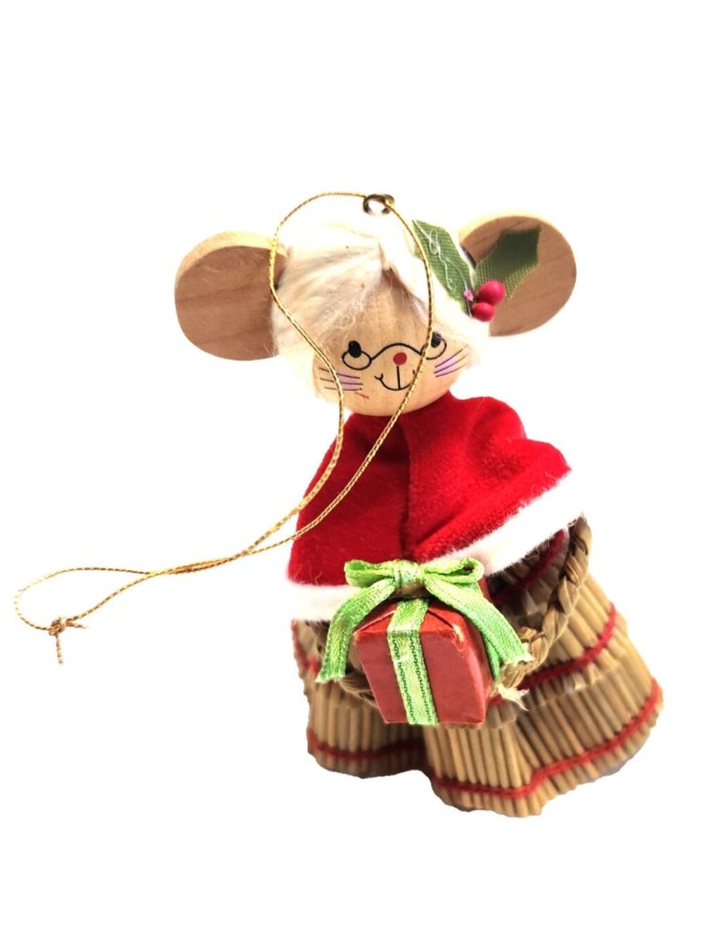 Vintage Avon Straw Mrs. Claus Ornament – Wood Face Raffia Holiday Christmas Deco